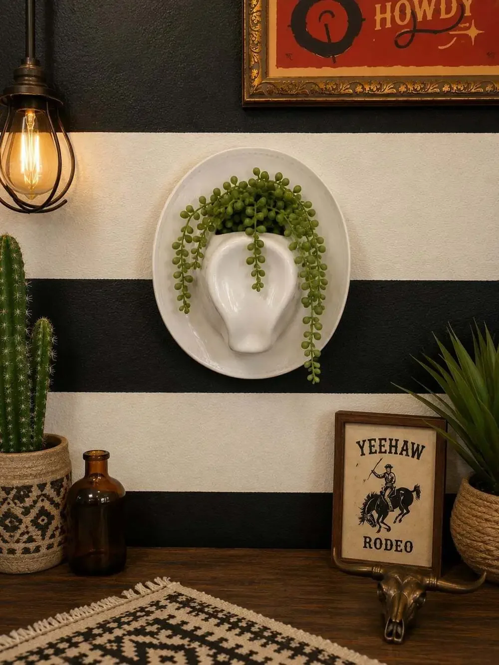 Vintage White Ceramic Western Cowboy Hanging Wall Pocket Vase Planter